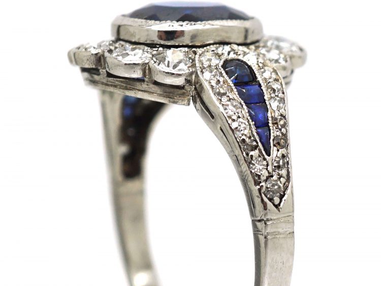 Art Deco 18ct White Gold, Sapphire & Diamond Cluster Ring with Sapphire & Diamond Shoulders