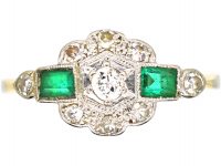 Art Deco 18ct Gold & Platinum, Emerald & Diamond Cluster Ring