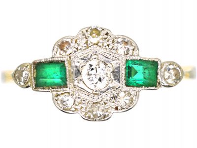 Art Deco 18ct Gold & Platinum, Emerald & Diamond Cluster Ring