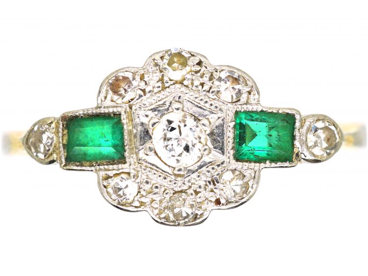 Art Deco 18ct Gold & Platinum, Emerald & Diamond Cluster Ring