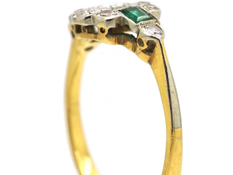 Art Deco 18ct Gold & Platinum, Emerald & Diamond Cluster Ring