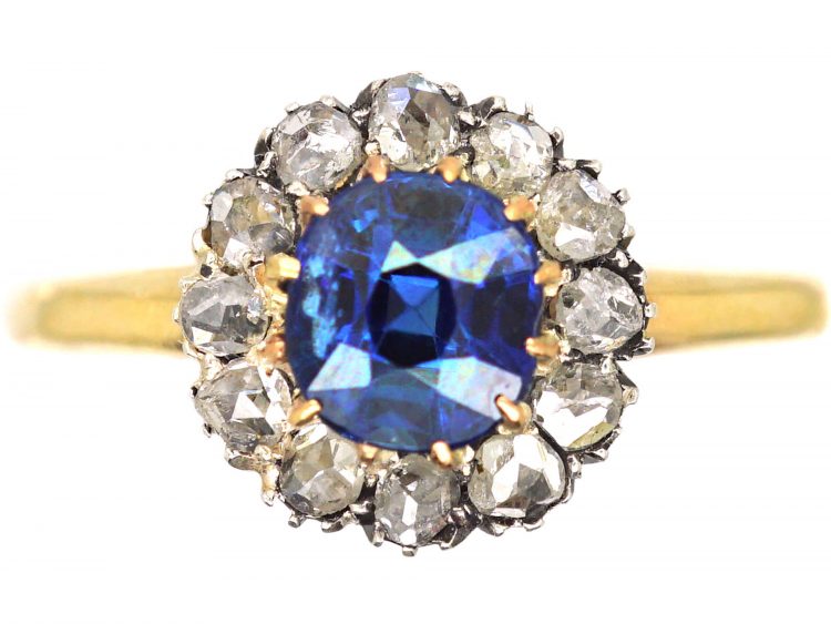 Edwardian 10ct Gold, Sapphire & Rose Diamond Cluster Ring