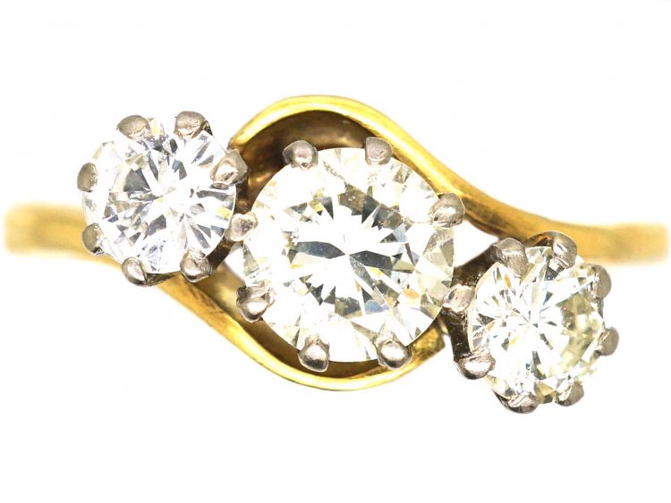 Edwardian 18ct Gold & Platinum Crossover Ring Set with Three Diamonds