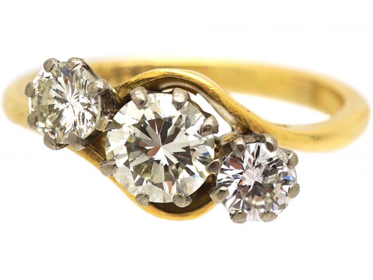 Edwardian 18ct Gold & Platinum Crossover Ring Set with Three Diamonds