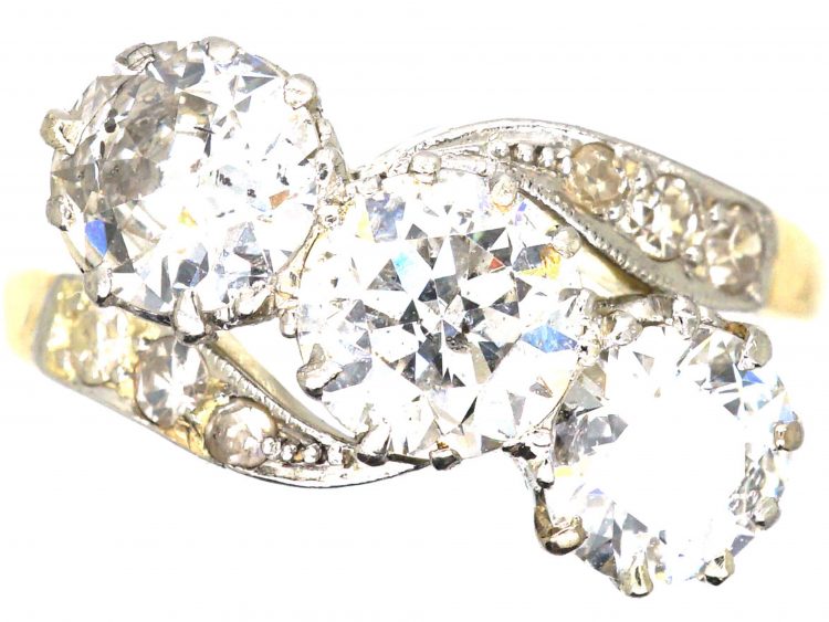 Early 20th Century 18ct Gold & Platinum, Three Stone Diamond Crossover Ring with Diamond Set Shoulders