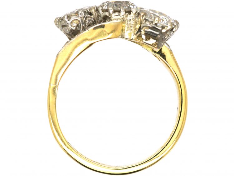 Early 20th Century 18ct Gold & Platinum, Three Stone Diamond Crossover Ring with Diamond Set Shoulders
