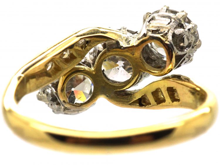 Early 20th Century 18ct Gold & Platinum, Three Stone Diamond Crossover Ring with Diamond Set Shoulders