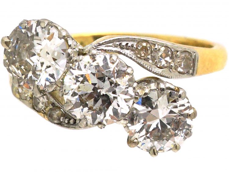 Early 20th Century 18ct Gold & Platinum, Three Stone Diamond Crossover Ring with Diamond Set Shoulders