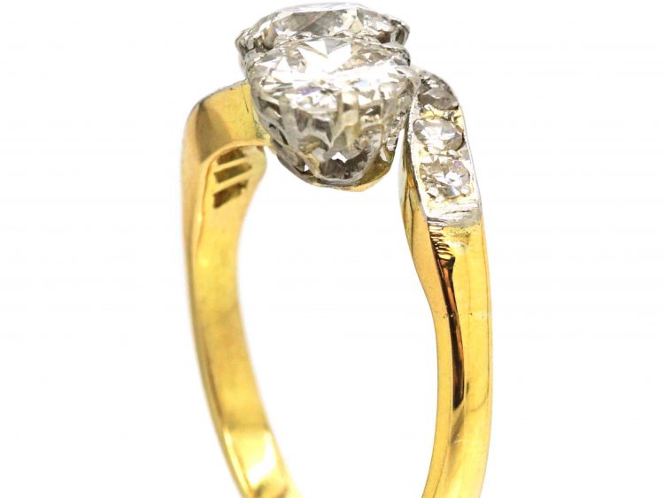 Early 20th Century 18ct Gold & Platinum, Three Stone Diamond Crossover Ring with Diamond Set Shoulders