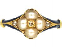 Early 19th Century 15ct Gold, Royal Blue Enamel, Natural Split Pearl & Diamond Ring