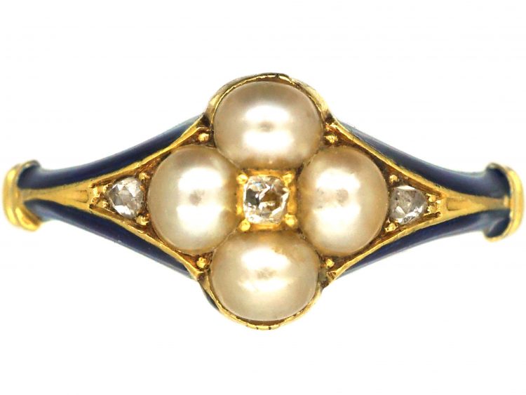 Early 19th Century 15ct Gold, Royal Blue Enamel, Natural Split Pearl & Diamond Ring