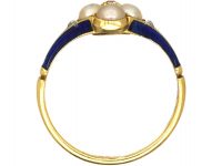 Early 19th Century 15ct Gold, Royal Blue Enamel, Natural Split Pearl & Diamond Ring