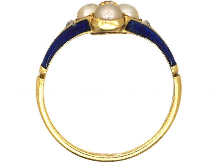 Early 19th Century 15ct Gold, Royal Blue Enamel, Natural Split Pearl & Diamond Ring