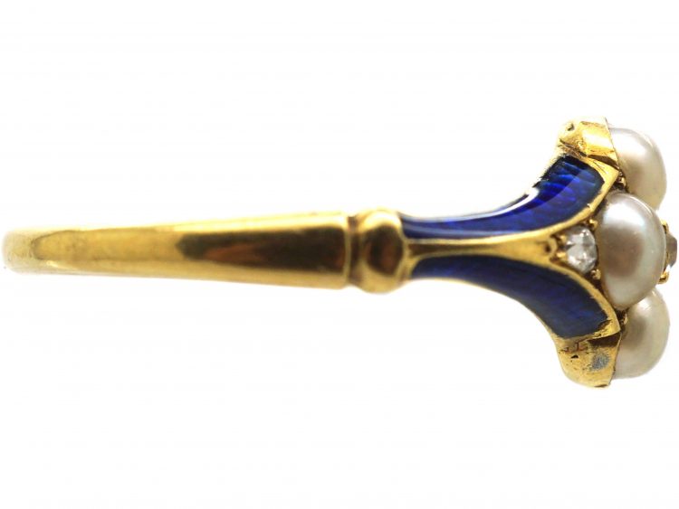 Early 19th Century 15ct Gold, Royal Blue Enamel, Natural Split Pearl & Diamond Ring