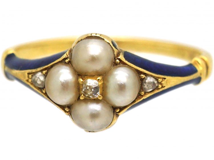 Early 19th Century 15ct Gold, Royal Blue Enamel, Natural Split Pearl & Diamond Ring