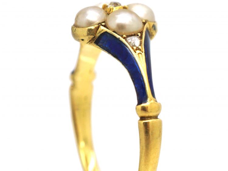 Early 19th Century 15ct Gold, Royal Blue Enamel, Natural Split Pearl & Diamond Ring