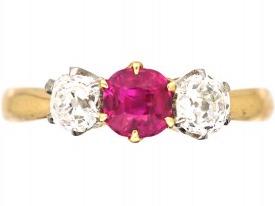 Edwardian 18ct Gold & Platinum, Ruby & Diamond Three Stone Ring