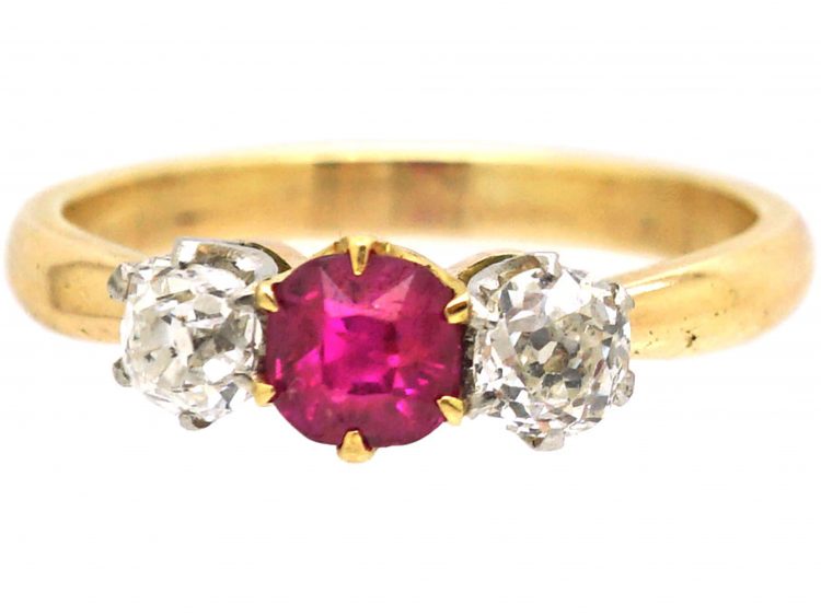 Edwardian 18ct Gold & Platinum, Ruby & Diamond Three Stone Ring