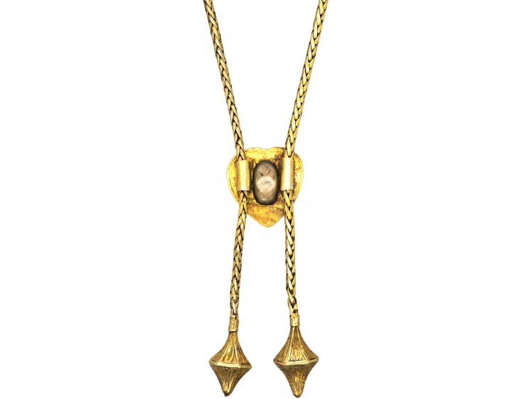 Early 19th Century 15ct Gold Double Drop Chain with Heart Slide set with a Cabochon Garnet