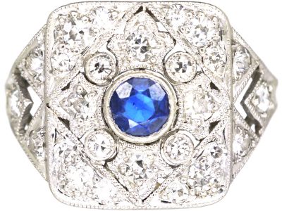 Art Deco Platinum, Sapphire & Diamond Geometric Ring