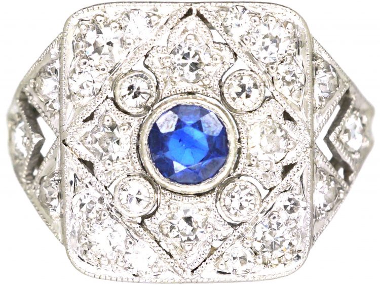 Art Deco Platinum, Sapphire & Diamond Geometric Ring