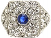 Art Deco Platinum, Sapphire & Diamond Geometric Ring