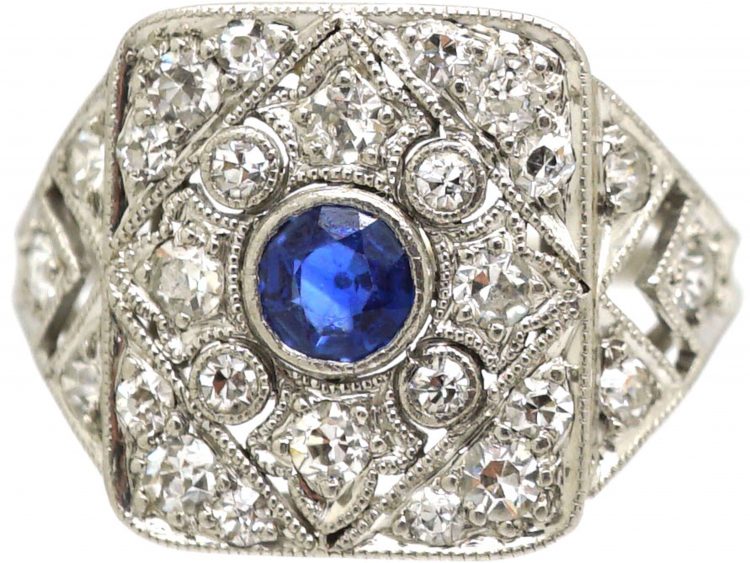 Art Deco Platinum, Sapphire & Diamond Geometric Ring