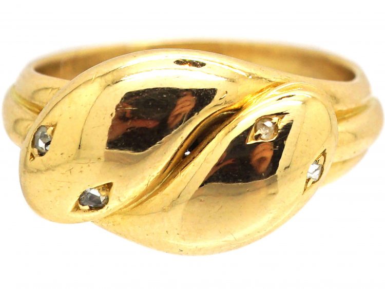 Victorian 18ct Gold Double Snake Ring with Rose Diamond Eyes