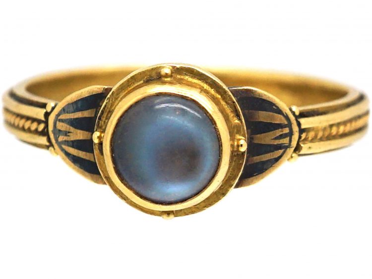 Arts & Crafts 18ct Gold, Black Enamel & Moonstone Ring