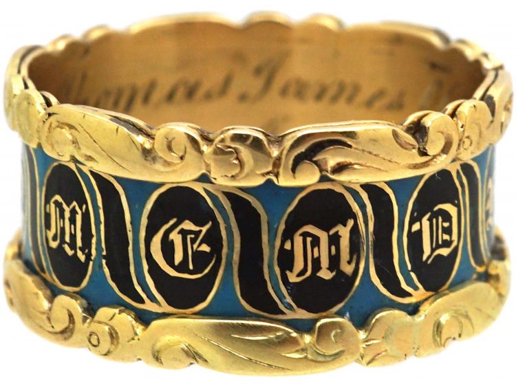 Georgian 18ct Gold, Blue & Black Enamel Mourning Ring