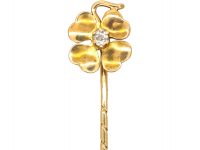 Edwardian 15ct Gold Tie Pin of a Four Leaf Clover set with a Diamond