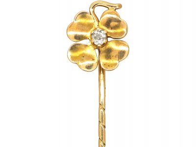 Edwardian 15ct Gold Tie Pin of a Four Leaf Clover set with a Diamond