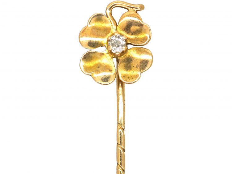 Edwardian 15ct Gold Tie Pin of a Four Leaf Clover set with a Diamond