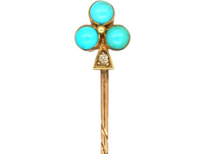 Edwardian 15ct Gold Shamrock Tie Pin set with Turquoise & a Diamond