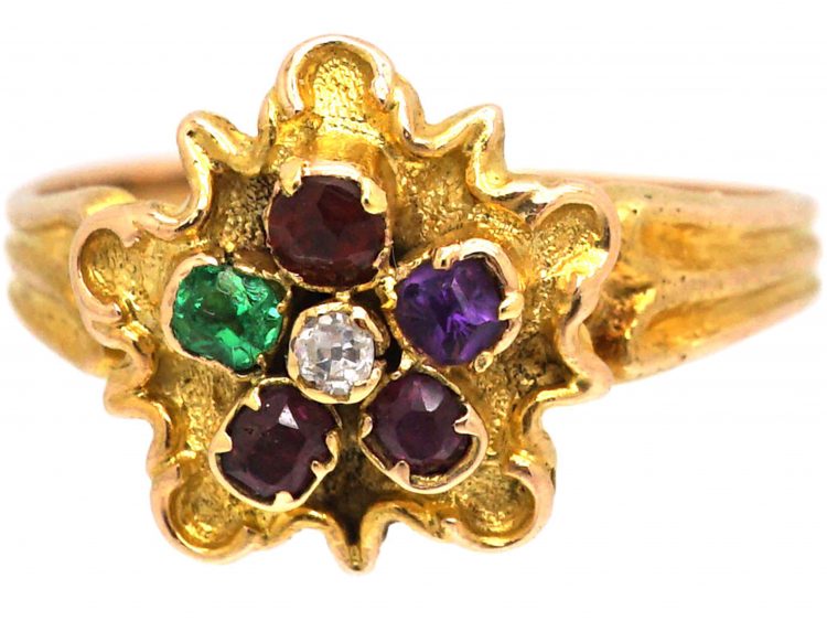 Georgian 15ct Gold Acrostic Pansy Cluster Ring that Spells Regard