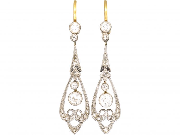 Art Nouveau 18ct Gold & Platinum, Diamond Drop Earrings