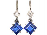Art Deco 18ct White Gold, Diamond Shaped Sapphire & Diamond Drop Earrings