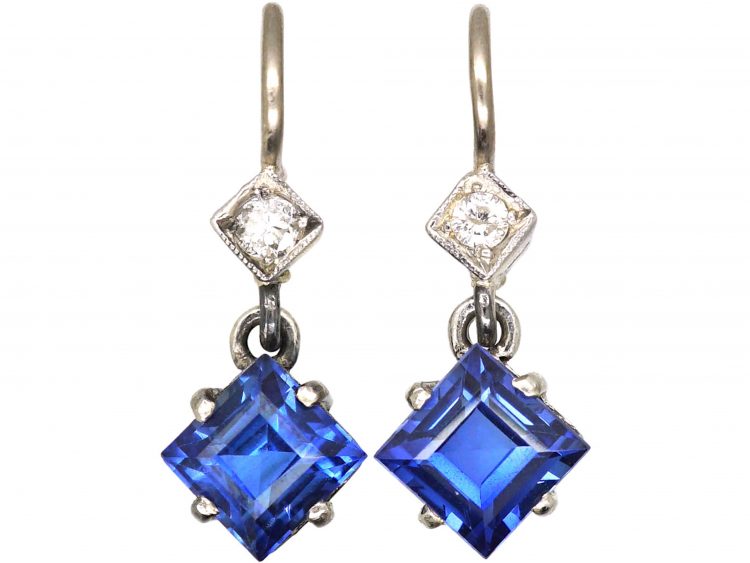 Art Deco 18ct White Gold, Diamond Shaped Sapphire & Diamond Drop Earrings