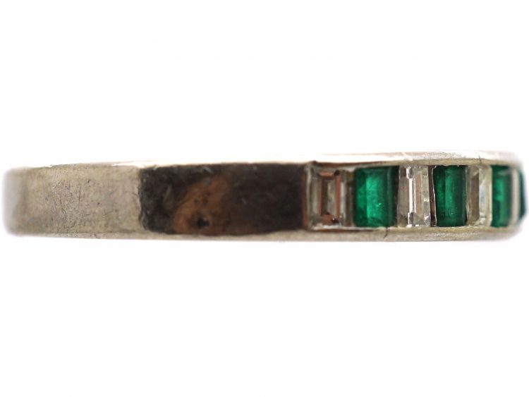 Art Deco Platinum Half Eternity Ring set with Baguette Emeralds & Baguette Diamonds