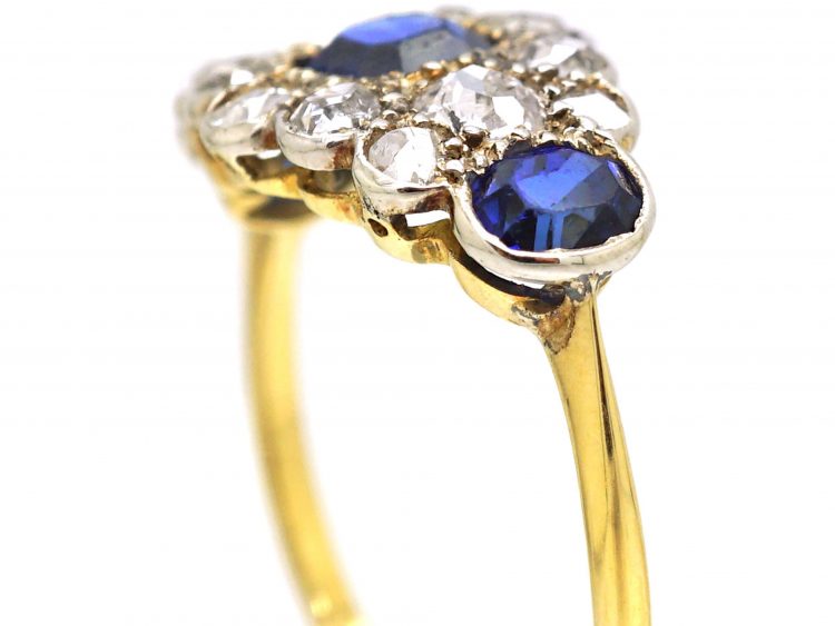 Early 20th Century 18ct Gold, Three Stone Sapphire & Diamond Cluster Ring