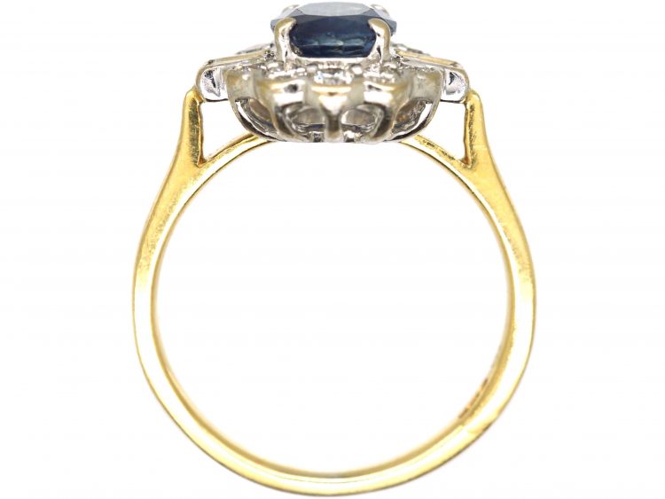 18ct Gold, Sapphire & Diamond Cluster Ring with Round & Baguette Diamonds