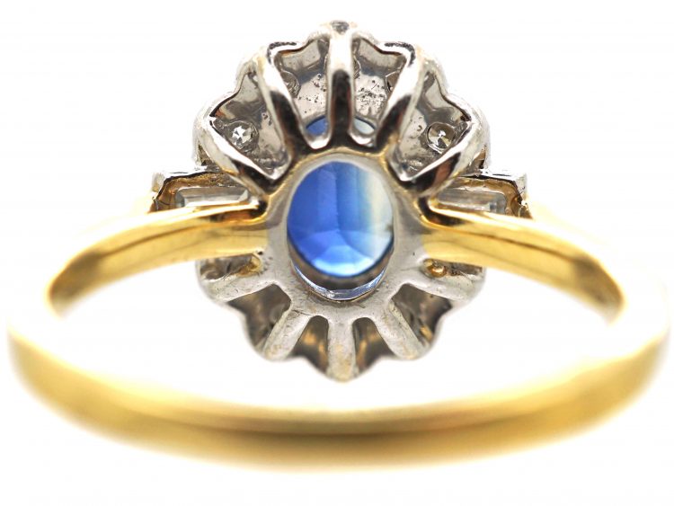 18ct Gold, Sapphire & Diamond Cluster Ring with Round & Baguette Diamonds