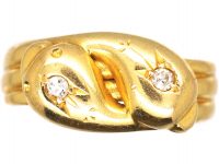 Edwardian 18ct Gold Double Snake Ring set with a Diamonds in Each Head