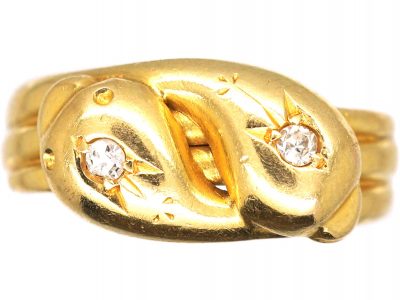 Edwardian 18ct Gold Double Snake Ring set with a Diamonds in Each Head