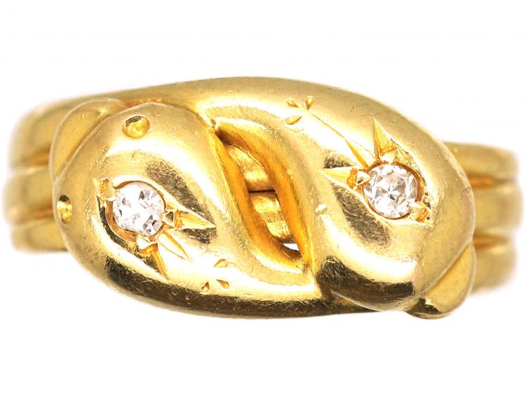 Edwardian 18ct Gold Double Snake Ring set with a Diamonds in Each Head