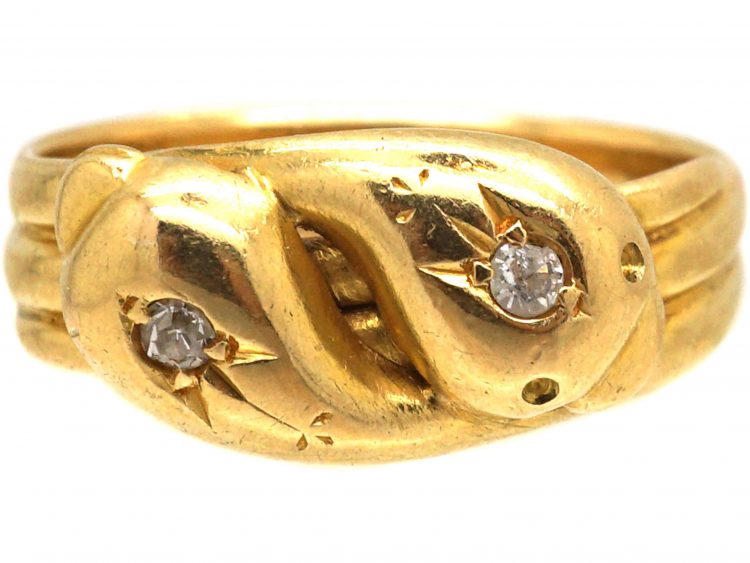 Edwardian 18ct Gold Double Snake Ring set with a Diamonds in Each Head