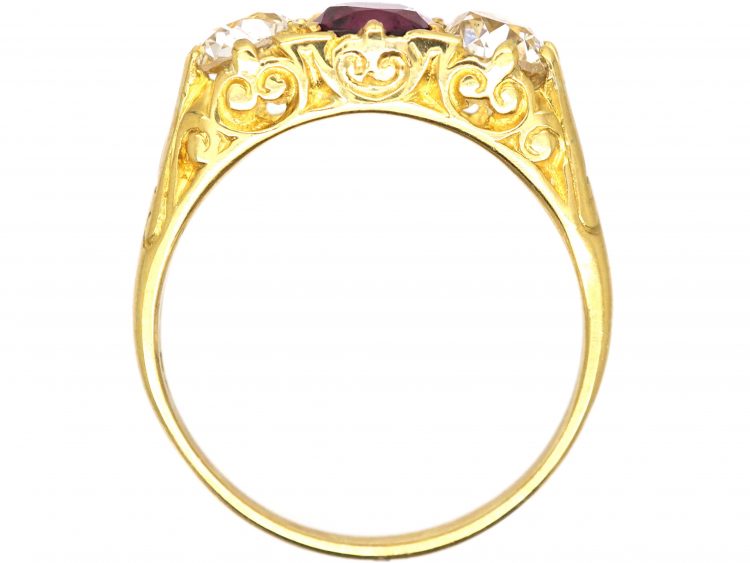 Victorian 18ct Gold, Ruby & Diamond Three Stone Carved Half Hoop Ring