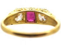 Victorian 18ct Gold, Ruby & Diamond Three Stone Carved Half Hoop Ring
