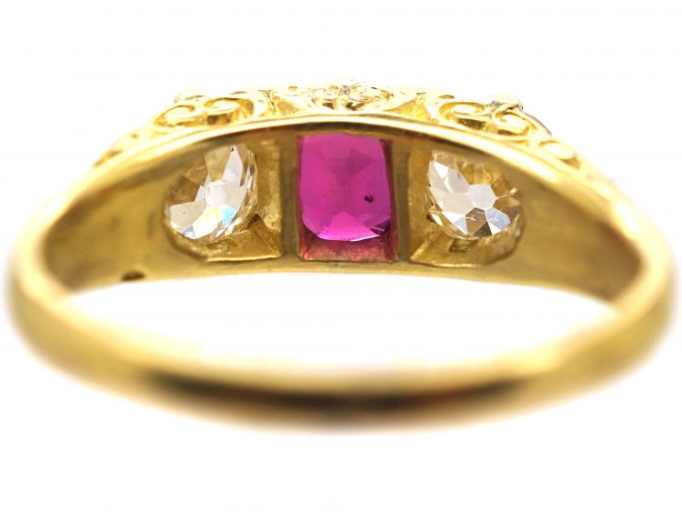 Victorian 18ct Gold, Ruby & Diamond Three Stone Carved Half Hoop Ring