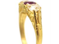 Victorian 18ct Gold, Ruby & Diamond Three Stone Carved Half Hoop Ring
